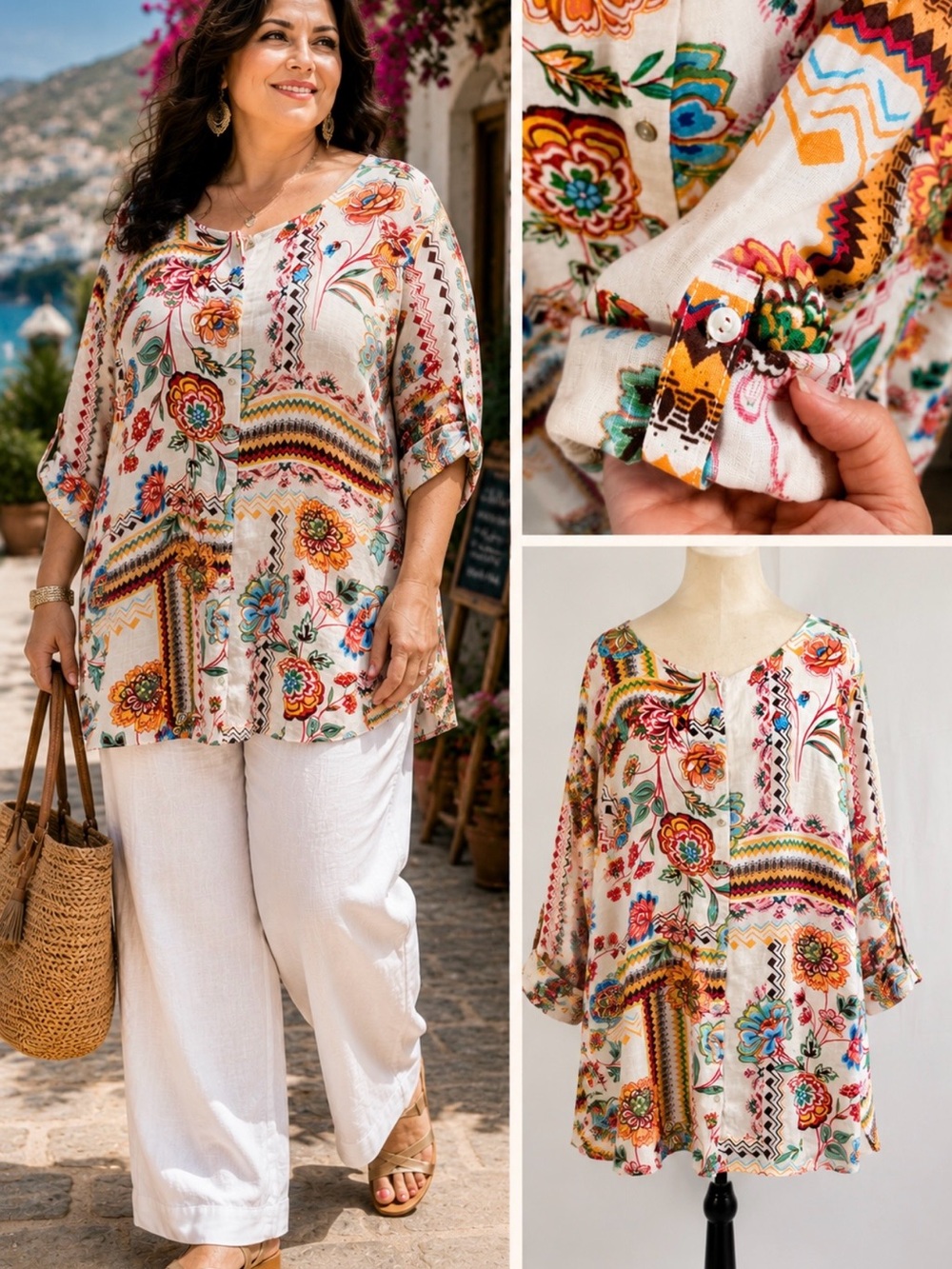 H Halston 100% Linen Floral Boho Button Front Roll Tab Sleeve Tunic Top 3Xđ